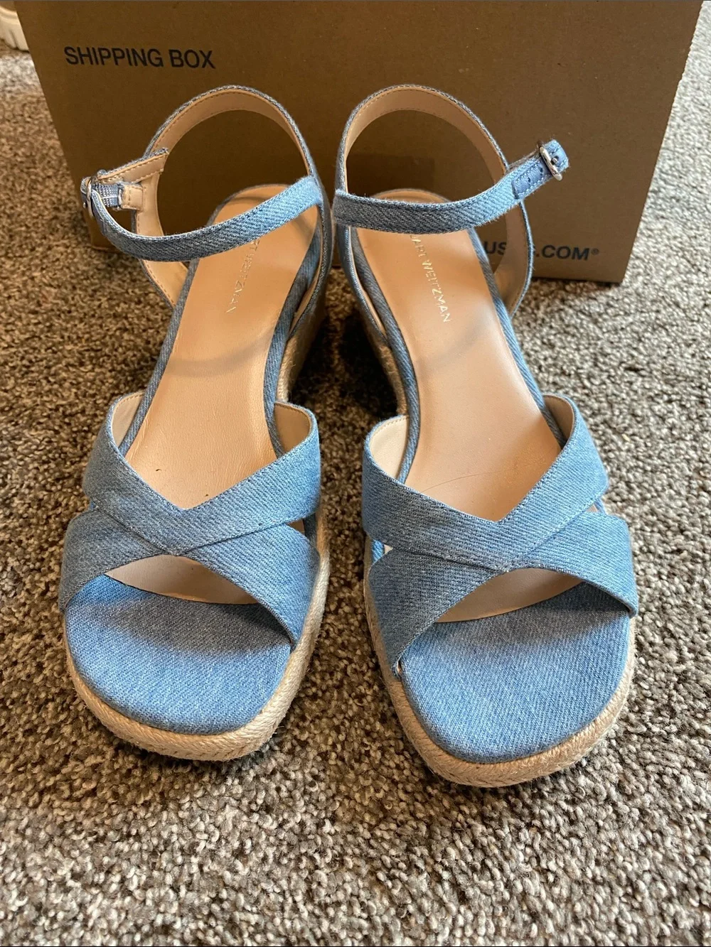 Stuart Weitzman Denim Blue Crisscross Espadrille Wedge Sandals